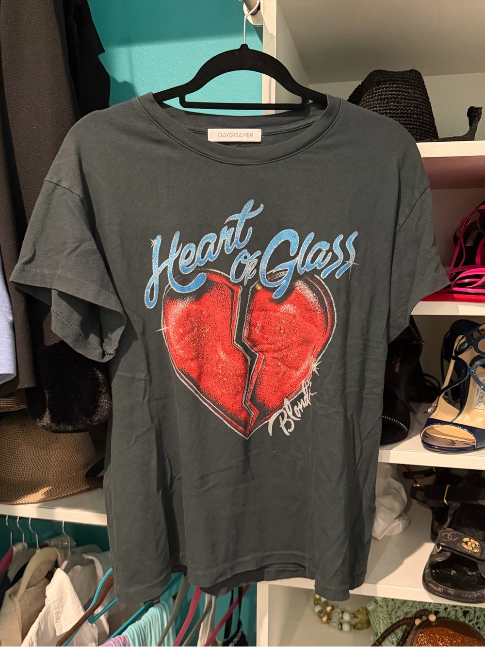 Daydreamer Charcoal Tee with Red Broken Heart and Blue Script